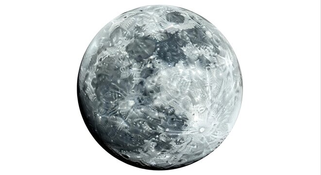 A highly detailed photorealistic view of the full moon showing its craters and maria, isolated on a crisp white background for scientific or astronomical concepts