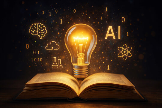 AI light bulb above open book with scientific symbols and binary code artificial intelligence idea - Powered by Adobe