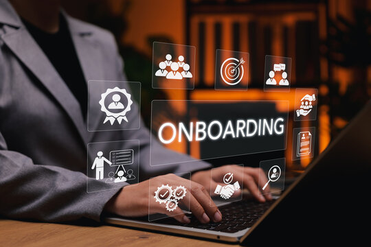 Employee onboarding process concept. Businesswoman using laptop and HR icons, representing recruitment, orientation, training, communication, HR strategy, workforce engagement, new hire integration.
