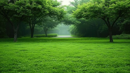 Naklejka premium A tranquil park landscape showcases lush green grass and colorful autumn leaves under a soft fog. Trees line the path, creating a serene atmosphere in the urban setting