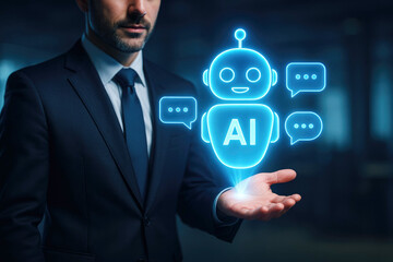 Businessman Holding a Holographic AI Chatbot with Speech Bubbles artificial intelligence robot