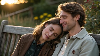 Fototapeta premium Cinematic 8k portrait of a couple on a rustic garden bench, the woman resting her head on the man’s shoulder, golden hour light highlighting natural skin texture, evoking tender warmth