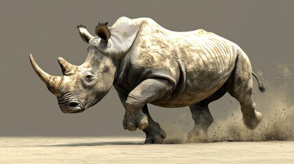 A white rhinoceros running on a sandy ground with a grey background.