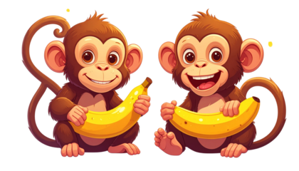 3D Playful Cartoon Monkey Banana Collection isolated on transparent background