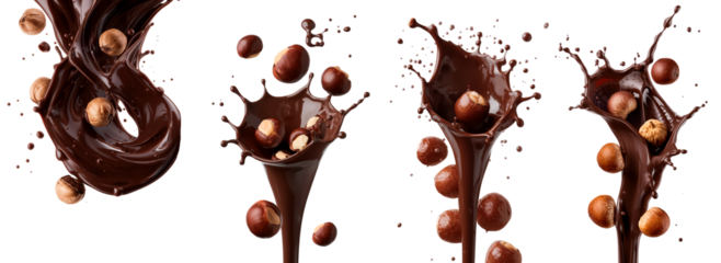 Liquid dark chocolate splash with nuts isolated on transparent background