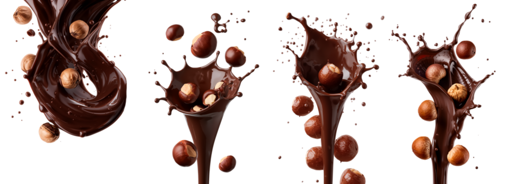 Liquid dark chocolate splash with nuts isolated on transparent background