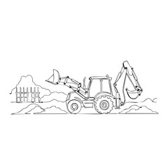 Naklejka premium A clear line art drawing features a powerful backhoe loader diligently excavating earth on a dynamic construction site, representing heavy machinery in action.