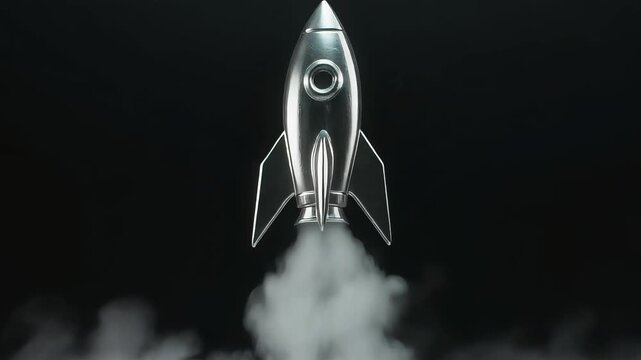 A sleek, silver rocket ship blasts off, emitting a thick cloud of white smoke against a dark, moody background.