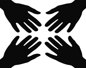 Four hand silhouettes meeting together, black vector, teamwork, unity, human hands, helping, cooperation, partnership, concept, support, community, graphic design