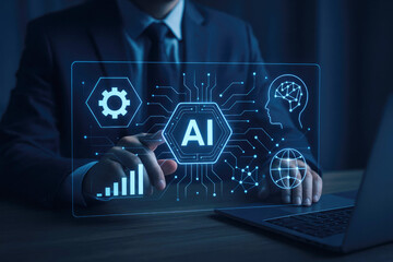 Businessman interacting with AI interface showing gears, brain, globe, and graph artificial intelligence