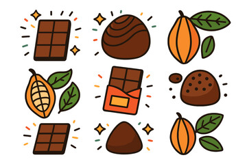 Cocoa bean pods, chocolate bars, and gourmet truffle candies collection