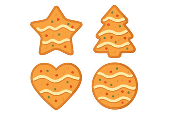 Assortment of decorated holiday cookies including star, Christmas tree, heart, and round shapes