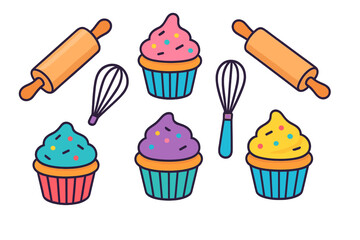 Seamless pattern of colorful sweet cupcakes and essential kitchen baking utensils