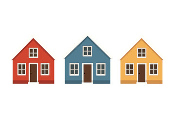 Three colorful wooden houses with snow on the roofs isolated against a clean white background