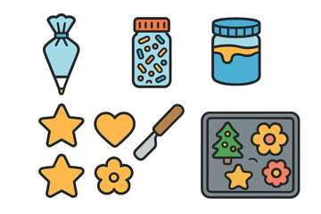 Colorful assortment of baking supplies and equipment for making cookies and pastries