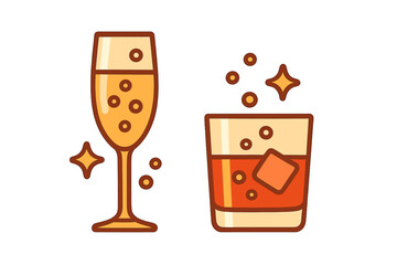 Sparkling champagne flute and rocks glass with whiskey and ice cubes for celebration
