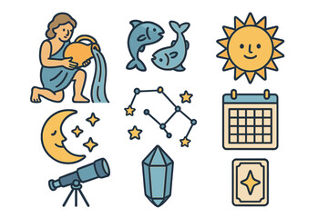 Astrological and mystical symbols set featuring zodiac signs, celestial bodies, and divination elements