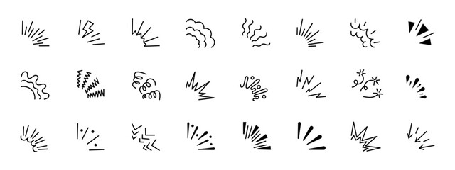 Playful hand drawn burst and sparkle vector set with confetti lines and doodle rays. Retro comic explosion for party or title decoration. Cute sketch element with vintage crayon texture.