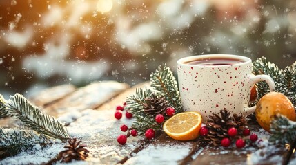 A cozy winter scene with a cup of hot tea, a slice of lemon, and a sprig of holly on a wooden table with snow falling.
