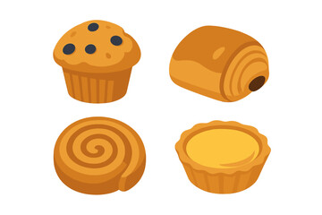 Assortment of sweet bakery items featuring a muffin, chocolate pastry, cinnamon swirl, and tart