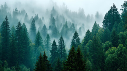 Misty evergreen forest with tall pine trees shrouded in fog, creating a serene and atmospheric natural landscape