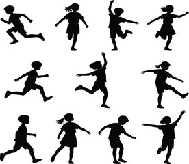 Kids running and playing silhouette set, black vector collection, energetic children, fun movement, jumping, childhood, outdoor, happiness, active pose