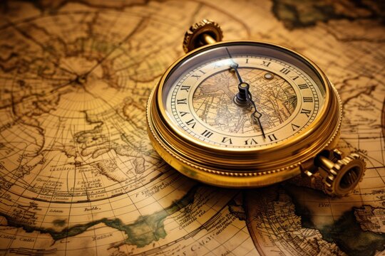 Golden pocket watch placed on an antique world map, creating a nostalgic concept of time, travel, and exploration