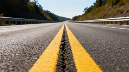 Obraz premium Highway central divider with double yellow lines separating traffic lanes in daylight. mobility guides, transit brochures, designed for transport & logistics marketing.