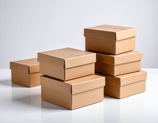 Fototapeta premium Isolated stack of brown shipping cartons on white, perfect for emphasizing packaging and clean product presentation. Stacking Present birthday box and brown box in white background and for industry