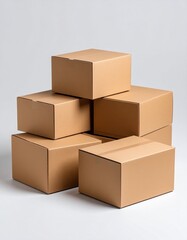 Isolated stack of brown shipping cartons on white, perfect for emphasizing packaging and clean product presentation. Stacking Present birthday box and brown box in white background and for industry