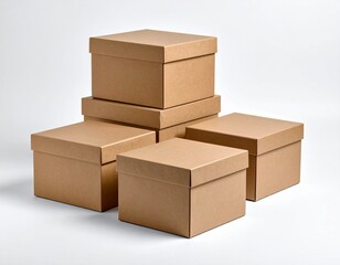 Fototapeta premium Isolated stack of brown shipping cartons on white, perfect for emphasizing packaging and clean product presentation. Stacking Present birthday box and brown box in white background and for industry