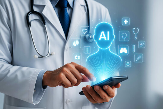 Doctor using smartphone with AI medical hologram and icons artificial intelligence