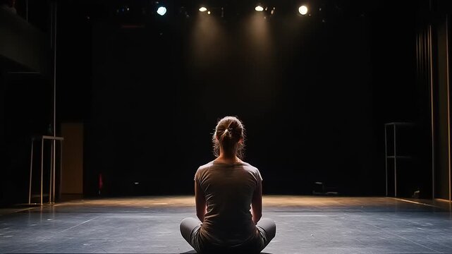 Performer sitting center stage facing dark auditorium lights
