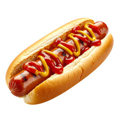 Delicious hot dog with mustard and ketchup on bun isolated on white background, perfect for fast food, street snacks, picnic meals, and casual dining illustrations. High-quality PNG