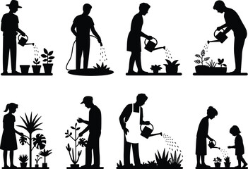 Gardening activity, watering plants, people with watering can, hose, garden care, silhouette figures, nature interaction, flat vector illustration