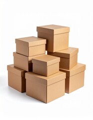 Fototapeta premium Isolated stack of brown shipping cartons on white, perfect for emphasizing packaging and clean product presentation. Stacking Present birthday box and brown box in white background and for industry