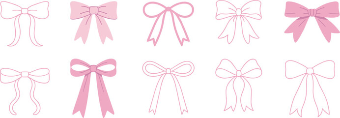 Pink bow silhouettes, decorative ribbon icons, flat vector set, elegant gift wrap elements, isolated graphic design, stylish outline and solid shapes