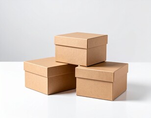 Fototapeta premium Isolated stack of brown shipping cartons on white, perfect for emphasizing packaging and clean product presentation. Stacking Present birthday box and brown box in white background and for industry