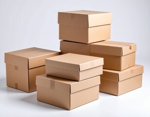 Isolated stack of brown shipping cartons on white, perfect for emphasizing packaging and clean product presentation. Stacking Present birthday box and brown box in white background and for industry