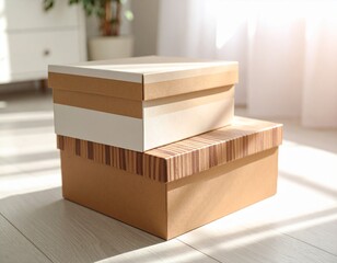 Isolated stack of brown shipping cartons on white, perfect for emphasizing packaging and clean product presentation. Stacking Present birthday box and brown box in white background and for industry