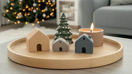 This inviting winter decor arrangement showcases ceramic houses and small Christmas trees on a wooden tray, complemented by a glowing candle, enhancing a cozy living room ambiance