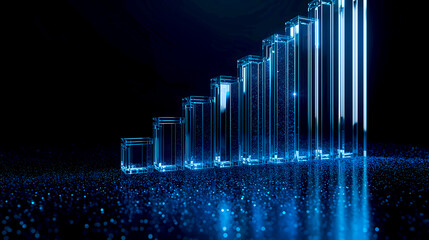 A rising bar chart of digital particles, representing data analysis and transparent financial growth.