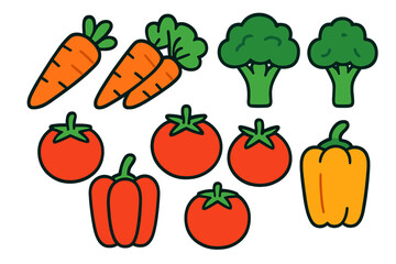 Set of healthy produce including carrots broccoli tomatoes and bell peppers