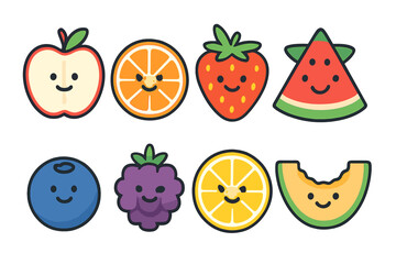 Adorable collection of happy fruit characters including apple, orange, strawberry, and melon slices