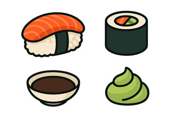 Stylized Japanese food icons including salmon nigiri maki roll soy sauce and wasabi