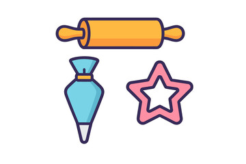 Obraz premium Essential baking tools set including a wooden rolling pin, pastry bag, and star cookie cutter