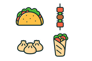 Set of popular international street foods including taco, shish kebab, dumplings, and vegetable wrap