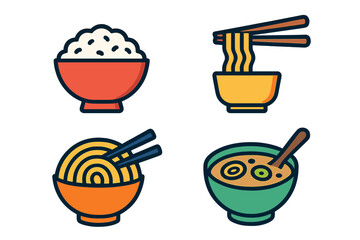 Four colorful Asian food bowls featuring steamed rice, ramen noodles, and hot soup