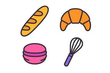 Colorful bakery and pastry set featuring baguette, croissant, macaron, and kitchen whisk tool