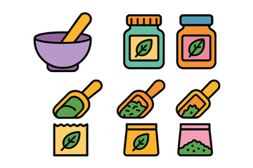 Set of colorful icons depicting natural herbal medicine, supplements, and preparation tools